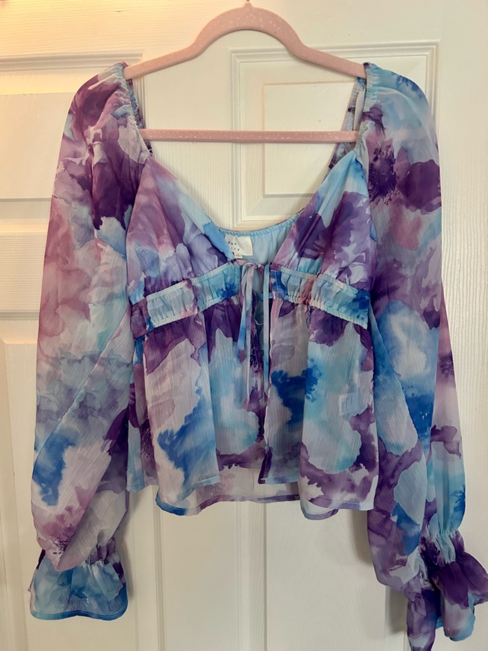 Sheer Watercolor V-Neck Peasant Blouse - Purple/Blue